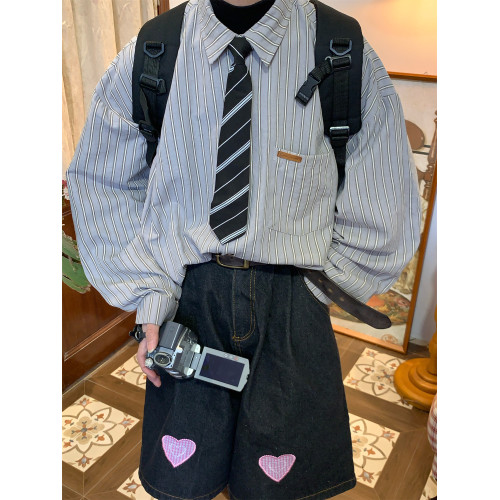 C2自製/春秋新款美式復古條紋長袖襯衫男女百搭寬鬆打底上衣領帶