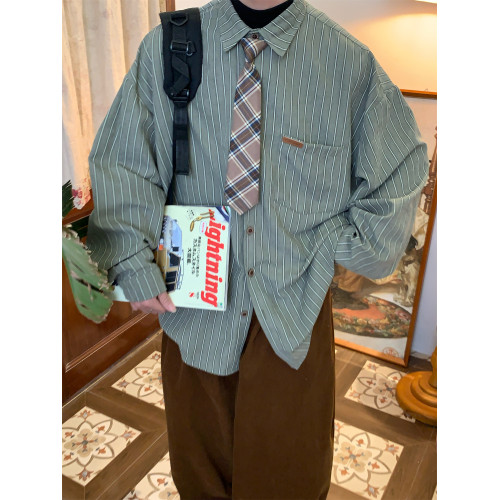 C2自製/春秋新款美式復古條紋長袖襯衫男女百搭寬鬆打底上衣領帶