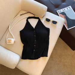 專櫃撤廻剪標法式掛脖帶胸墊吊帶背心女2025新款辣妹性感修身上衣