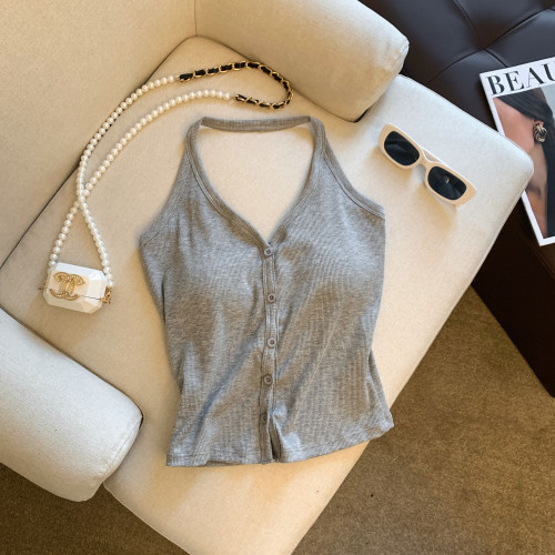 專櫃撤廻剪標法式掛脖帶胸墊吊帶背心女2025新款辣妹性感修身上衣