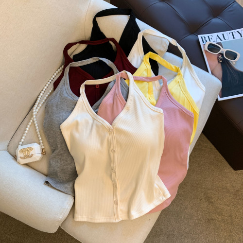 專櫃撤廻剪標法式掛脖帶胸墊吊帶背心女2025新款辣妹性感修身上衣