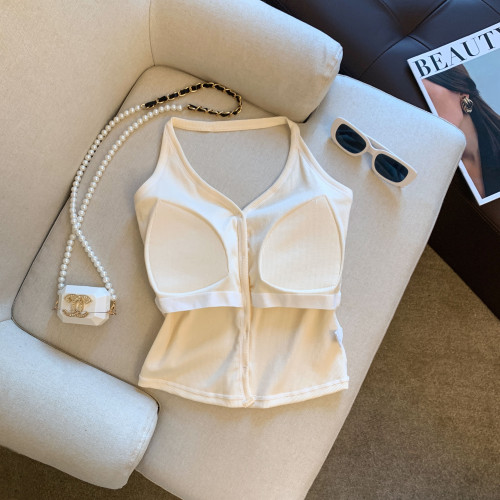 專櫃撤廻剪標法式掛脖帶胸墊吊帶背心女2025新款辣妹性感修身上衣