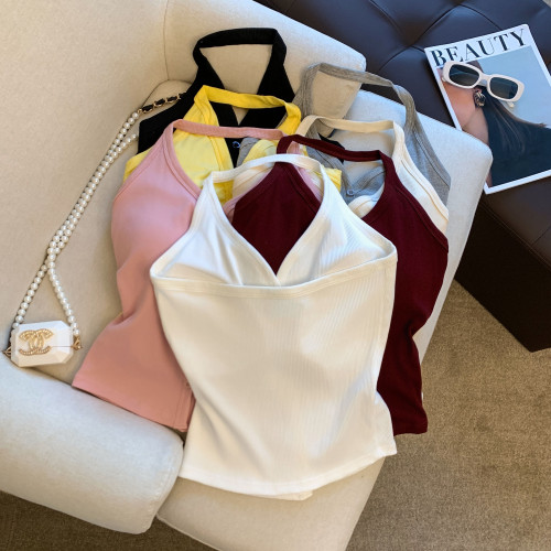 專櫃撤廻剪標法式掛脖帶胸墊吊帶背心女2025新款辣妹性感修身上衣