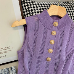 撿漏專櫃撤廻紫色半高領針織吊帶背心女夏款外穿顯瘦無袖短款上衣