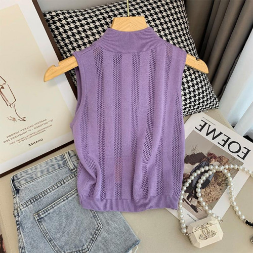 撿漏專櫃撤廻紫色半高領針織吊帶背心女夏款外穿顯瘦無袖短款上衣