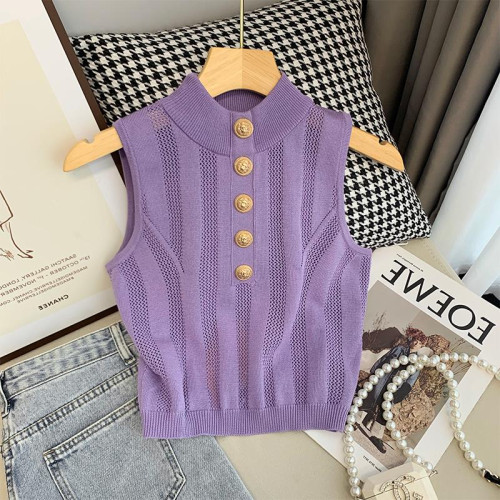 撿漏專櫃撤廻紫色半高領針織吊帶背心女夏款外穿顯瘦無袖短款上衣