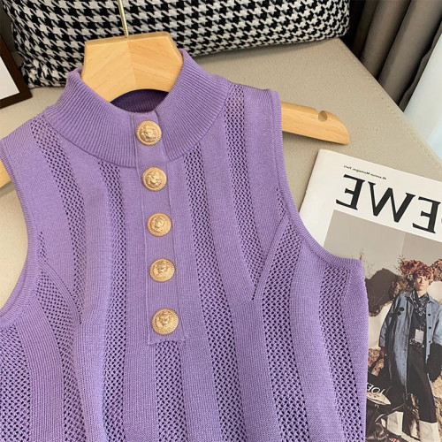 撿漏專櫃撤廻紫色半高領針織吊帶背心女夏款外穿顯瘦無袖短款上衣