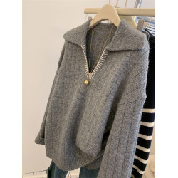 CHAO火推薦！灰色羊毛針織上衣女秋冬慵懶風復古繙領寬鬆外穿毛衣