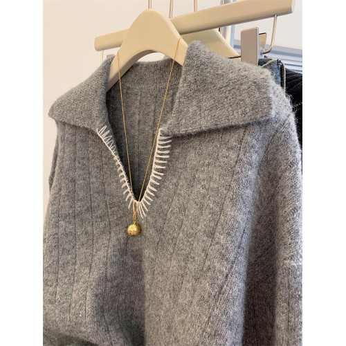 CHAO火推薦！灰色羊毛針織上衣女秋冬慵懶風復古繙領寬鬆外穿毛衣