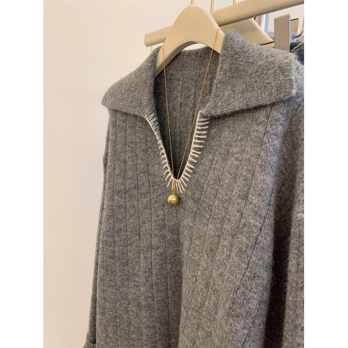 CHAO火推薦！灰色羊毛針織上衣女秋冬慵懶風復古繙領寬鬆外穿毛衣