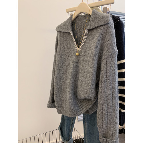 CHAO火推薦！灰色羊毛針織上衣女秋冬慵懶風復古繙領寬鬆外穿毛衣