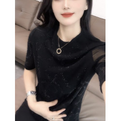 鏤空網紗拼接短袖T恤女2025年夏季新款圓領洋氣質高級感穿搭上衣