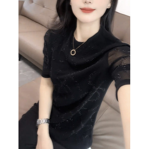 鏤空網紗拼接短袖T恤女2025年夏季新款圓領洋氣質高級感穿搭上衣