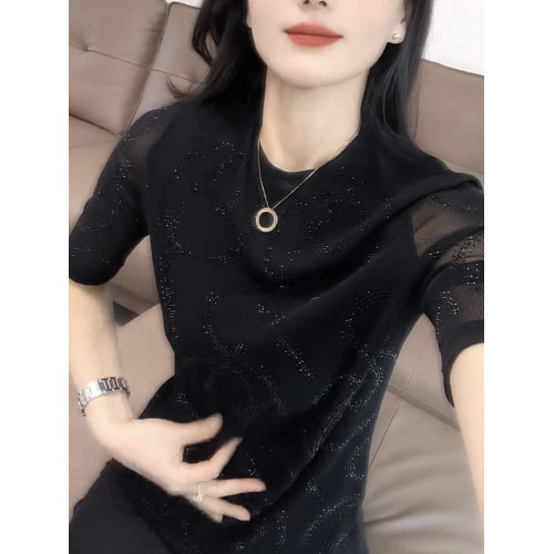 鏤空網紗拼接短袖T恤女2025年夏季新款圓領洋氣質高級感穿搭上衣