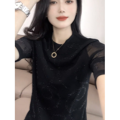 鏤空網紗拼接短袖T恤女2025年夏季新款圓領洋氣質高級感穿搭上衣