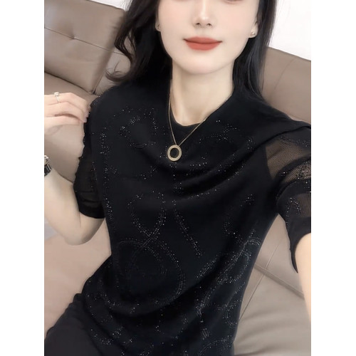 鏤空網紗拼接短袖T恤女2025年夏季新款圓領洋氣質高級感穿搭上衣