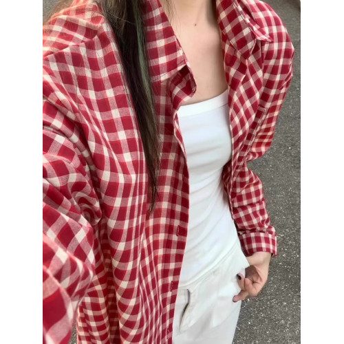 美式復古紅色格子長袖襯衫女早春外搭襯衣外套慵懶風防曬夏款上衣