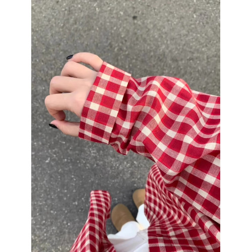美式復古紅色格子長袖襯衫女早春外搭襯衣外套慵懶風防曬夏款上衣