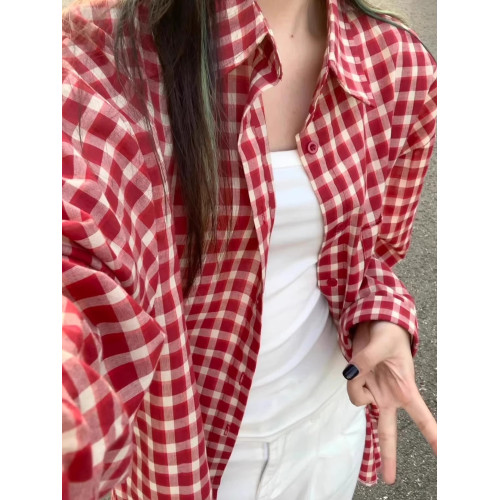 美式復古紅色格子長袖襯衫女早春外搭襯衣外套慵懶風防曬夏款上衣