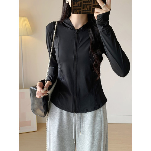 涼感冰絲收腰修身防曬衣女運動防紫外線輕薄款瑜珈連帽運動外套夏