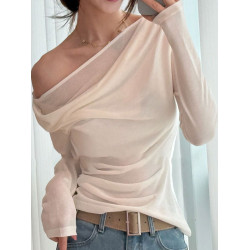 白色斜肩露肩長袖t恤女夏設計感小衆褶皺收腰顯瘦獨特超好看上衣