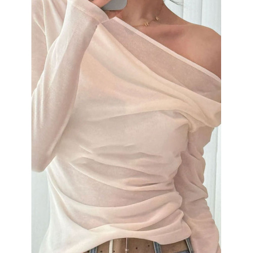 白色斜肩露肩長袖t恤女夏設計感小衆褶皺收腰顯瘦獨特超好看上衣