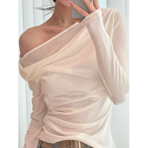 白色斜肩露肩長袖t恤女夏設計感小衆褶皺收腰顯瘦獨特超好看上衣