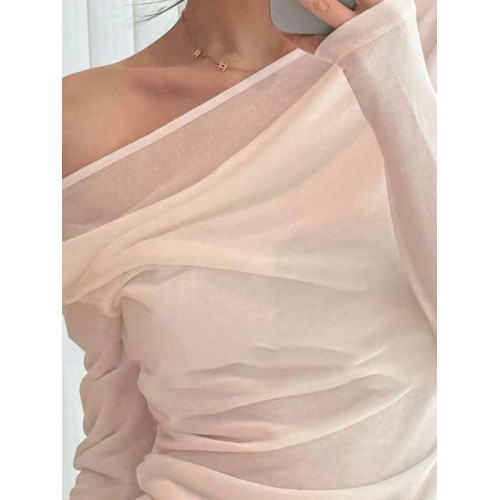 白色斜肩露肩長袖t恤女夏設計感小衆褶皺收腰顯瘦獨特超好看上衣