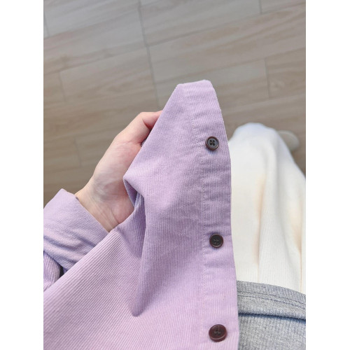 復古巨顯白芋泥紫燈芯絨襯衫女春秋冬寬鬆百搭休閒慵懶感襯衣外套