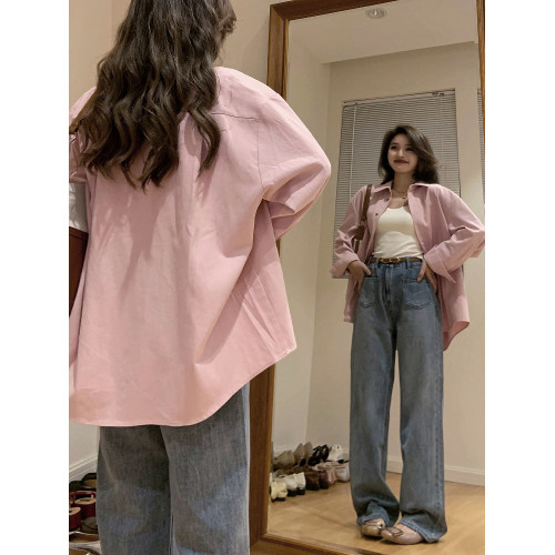 輕奢超好看藕粉色純棉襯衫女寬鬆遮肉百搭長袖上衣襯衣外套防曬衫