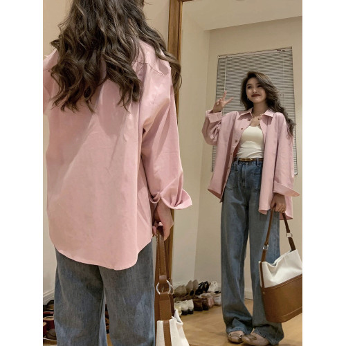 輕奢超好看藕粉色純棉襯衫女寬鬆遮肉百搭長袖上衣襯衣外套防曬衫