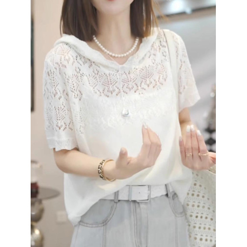 獨特洋氣鉤花鏤空連帽輕薄冰絲針織衫2025夏季小衆氣質百搭上衣女