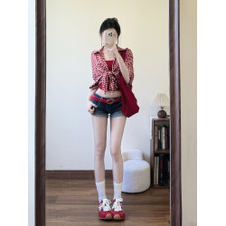 紅色格子長袖防曬襯衫女春夏新款外搭襯衣辣妹風修身短款系帶上衣