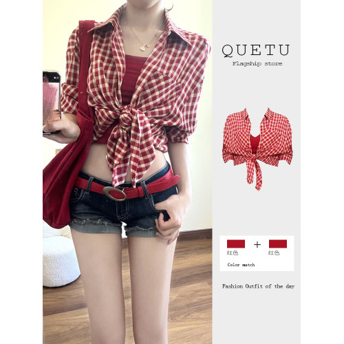 紅色格子長袖防曬襯衫女春夏新款外搭襯衣辣妹風修身短款系帶上衣