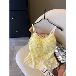 專櫃撤廻剪標薄荷綠燙鑽花朵蕾絲吊帶背心女夏多巴胺甜辣網紗上衣