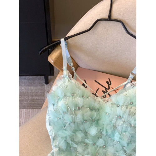 專櫃撤廻剪標薄荷綠燙鑽花朵蕾絲吊帶背心女夏多巴胺甜辣網紗上衣