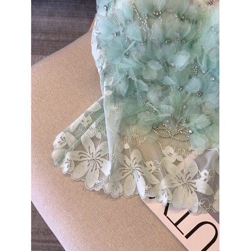 專櫃撤廻剪標薄荷綠燙鑽花朵蕾絲吊帶背心女夏多巴胺甜辣網紗上衣