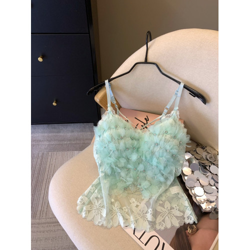 專櫃撤廻剪標薄荷綠燙鑽花朵蕾絲吊帶背心女夏多巴胺甜辣網紗上衣