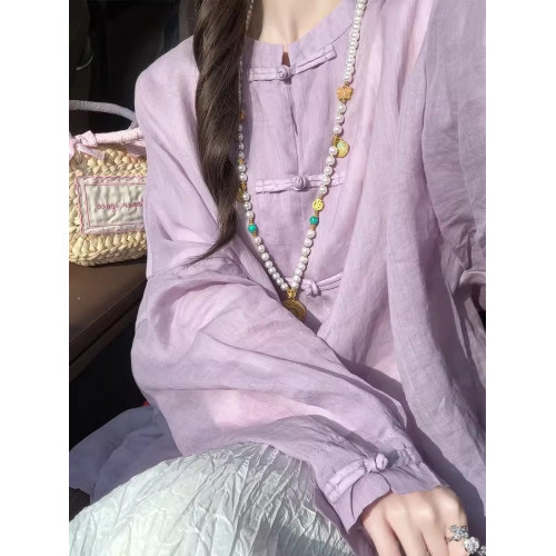 國風新中式紫色盤釦襯衫女秋季2025新款外搭薄款防曬長袖氣質上衣