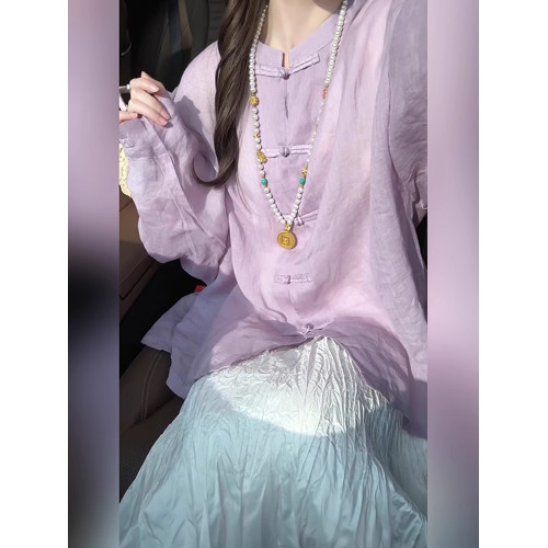 國風新中式紫色盤釦襯衫女秋季2025新款外搭薄款防曬長袖氣質上衣