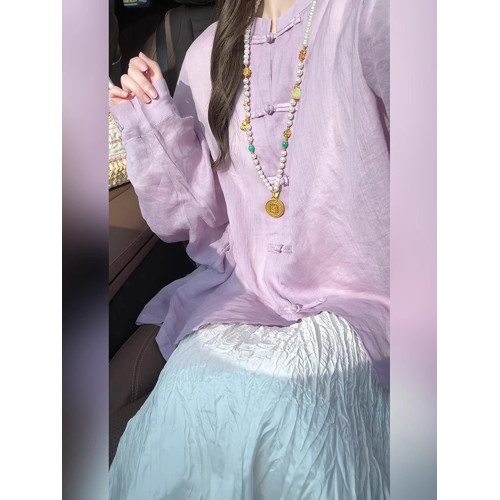 國風新中式紫色盤釦襯衫女秋季2025新款外搭薄款防曬長袖氣質上衣