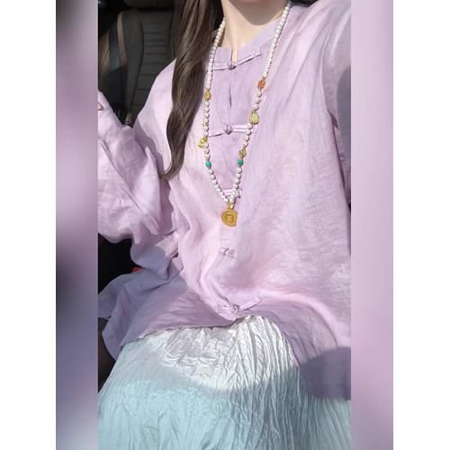 國風新中式紫色盤釦襯衫女秋季2025新款外搭薄款防曬長袖氣質上衣