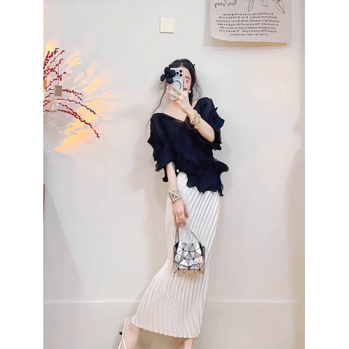 宅家2025夏季新款套裝時尚百搭氣質純色上衣修身顯瘦褶皺半身裙