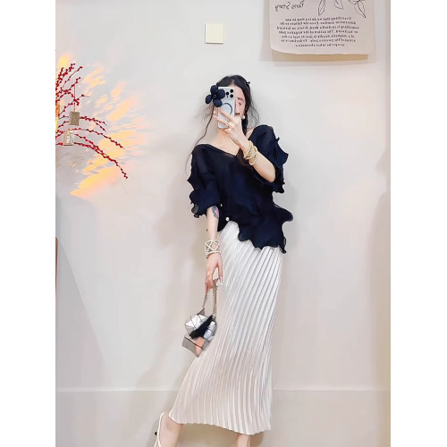 宅家2025夏季新款套裝時尚百搭氣質純色上衣修身顯瘦褶皺半身裙