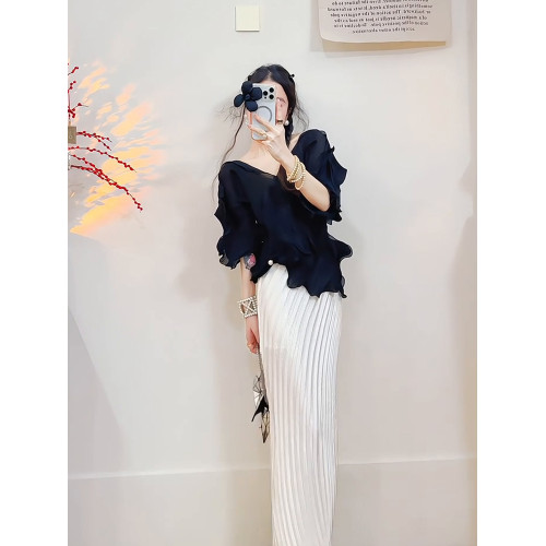 宅家2025夏季新款套裝時尚百搭氣質純色上衣修身顯瘦褶皺半身裙