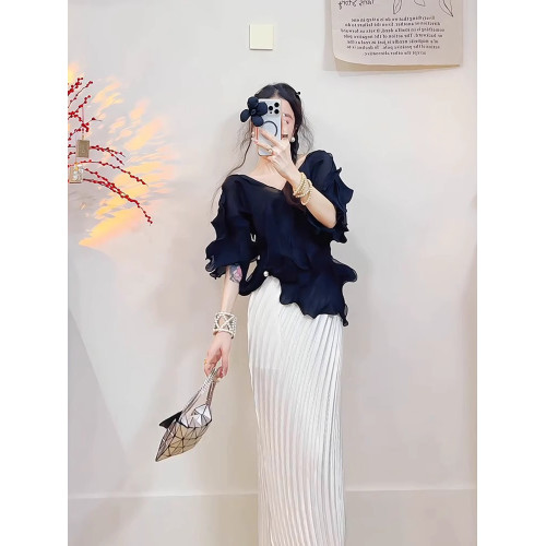 宅家2025夏季新款套裝時尚百搭氣質純色上衣修身顯瘦褶皺半身裙