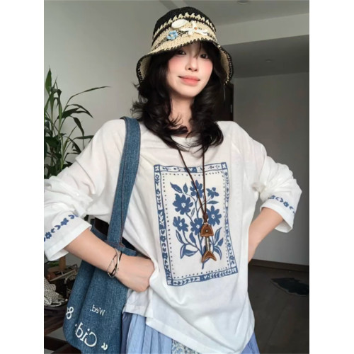 韓系甜美白色花卉印花薄款防曬罩衫t恤女夏季寬鬆高級感百搭上衣
