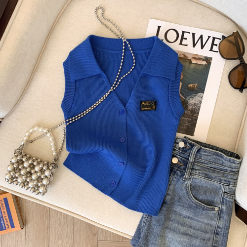 專櫃撤廻剪標港風復古POLO領小背心女夏季新款別致露肩顯白短上衣