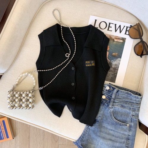 專櫃撤廻剪標港風復古POLO領小背心女夏季新款別致露肩顯白短上衣