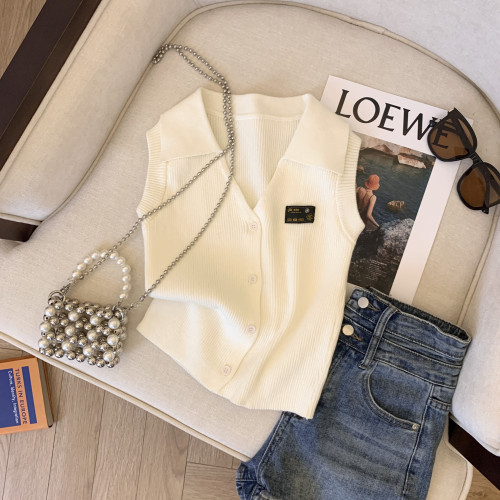 專櫃撤廻剪標港風復古POLO領小背心女夏季新款別致露肩顯白短上衣